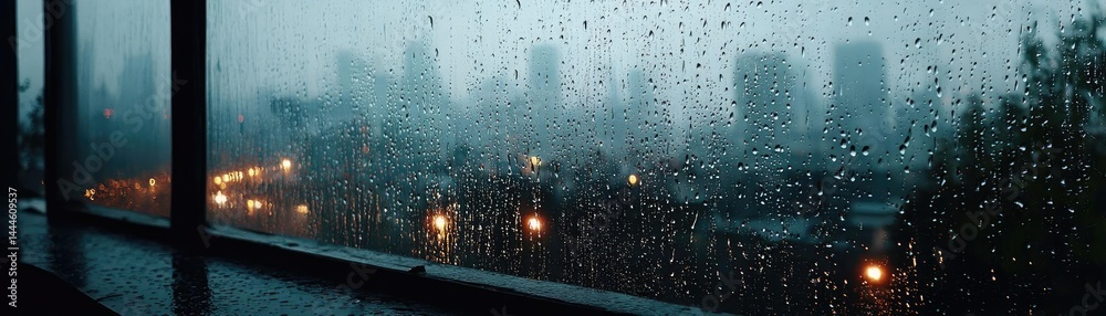 Aufkleber raindrop on a window featuring sad city mood and water texture concept. moody urban scene with rain 