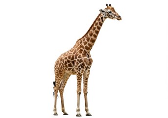 Naklejka premium A full shot of a giraffe standing with a long neck and brown spots on a white background looking right
