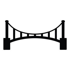 Black and white image of a suspension bridge with tall pillars and a curved design