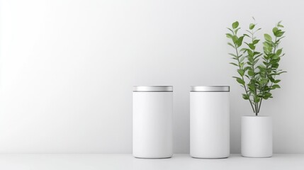 White Containers with Plant Minimalist Design High-Resolution Studio Lighting Frontal View Clean Lines Product Display Greenery Backdrop Bright Neutral Tones Ideal for Packaging Mockups