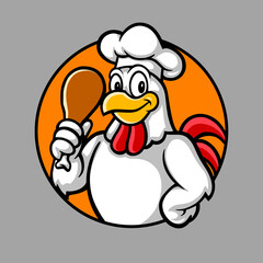 Funny cartoon chicken mascot holding a fried drumstick, perfect for fried chicken brands, food stalls, or restaurant logos. Playful and tasty design for eye-catching and memorable branding.