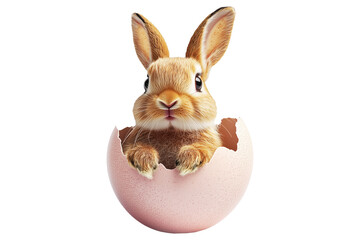 Fototapeta premium Adorable fluffy bunny peeking out from cracked egg isolated on white transparent background. Symbolizing Easter, spring, and new beginnings