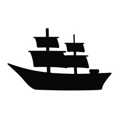 A Black Silhouette of a Classic Sailing Ship with Three Masts and Square Sails on a White Background