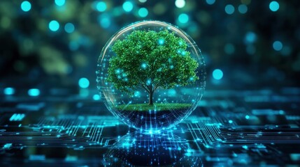 Obraz premium A sustainable future. A tree inside a sphere, surrounded by technology