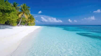 Fototapeta premium Tropical Beach Palm Trees Vivid High-resolution Panoramic View White Sand Tranquil Paradise Ocean Backdrop Bright Turquoise Travel Brochure with additional context for stock use
