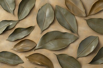 Dried leaves scattered on a beige surface