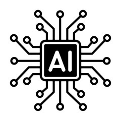 Minimal AI Chip with Circuit Lines.  Black and white vector illustration