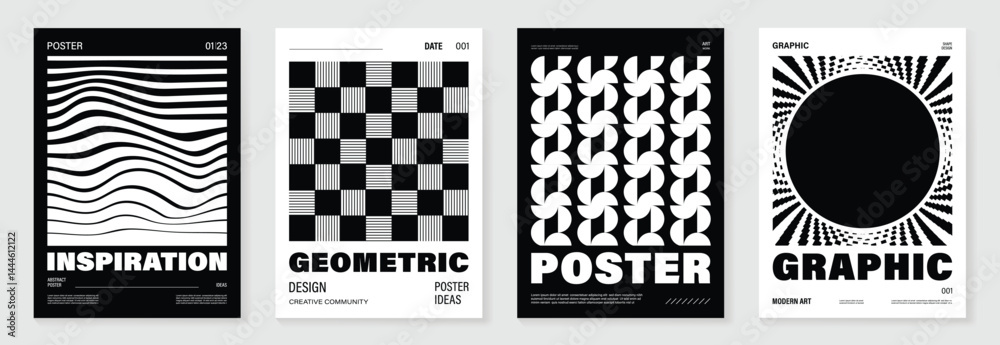 Aufkleber abstract monochrome poster background vector set. modern cover template with black and white perspec