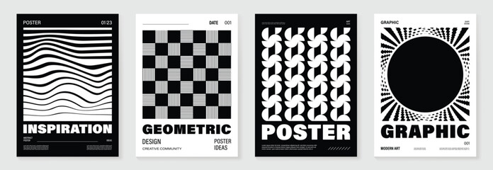 Abstract monochrome poster background vector set. Modern cover template with black and white perspective geometric prism shape, halftone dot, line. Ideal design for social media, banner, ads.