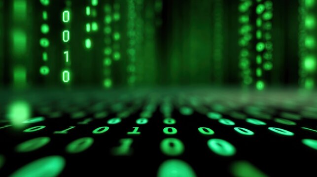 Digital green binary code in a futuristic environment.