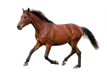 Obraz premium A chestnut horse with a black mane and tail galloping on a plain white background in a studio shot