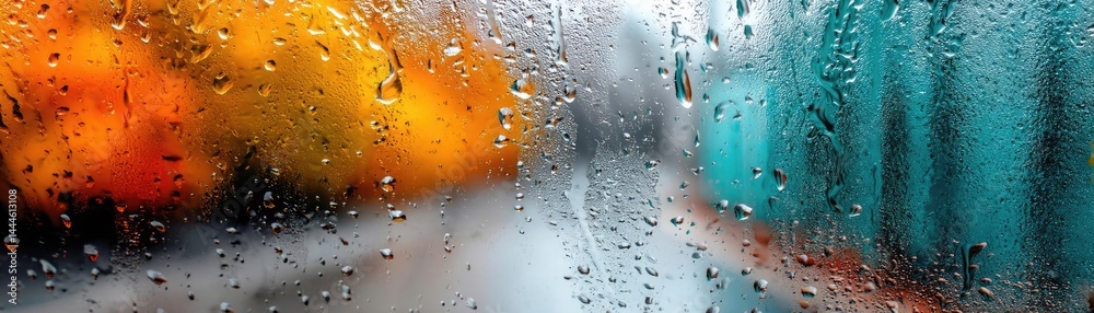 Poster raindrop on a window featuring sad city mood and water texture concept. colorful view through raindr