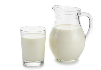 A clear glass of milk next to a clear pitcher filled with milk on a white background studio shot