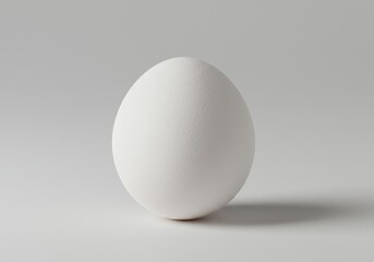 A single white egg standing upright on a white surface against a plain light gray background studio shot