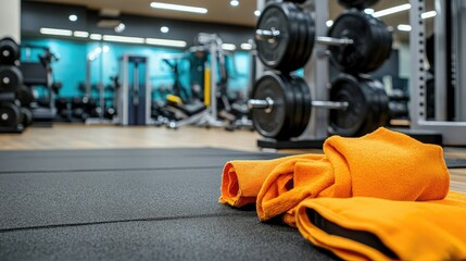 Dry cloth placed beside free weights for regular wiping