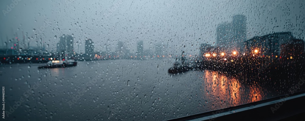 Poster raindrop on a window showing city landscape and emotional texture concept. a moody cityscape capture