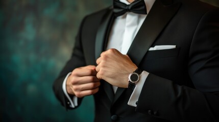 Man adjusting tuxedo with watch in elegant setting