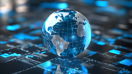 3D globe representing Earth with digital grid overlay, set against a futuristic tech background