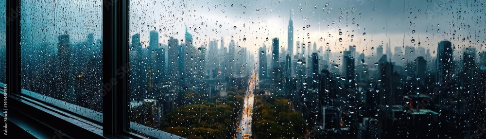 Poster raindrop on a window combining rain, mood, and urban pattern concept. a rain-soaked cityscape viewed