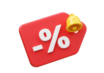 Red discount tag with a white percentage symbol and a yellow notification bell icon isolated on transparent background