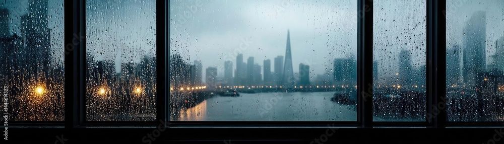 Poster raindrop on a window combining rain, mood, and urban pattern concept. urban skyline shrouded in rain
