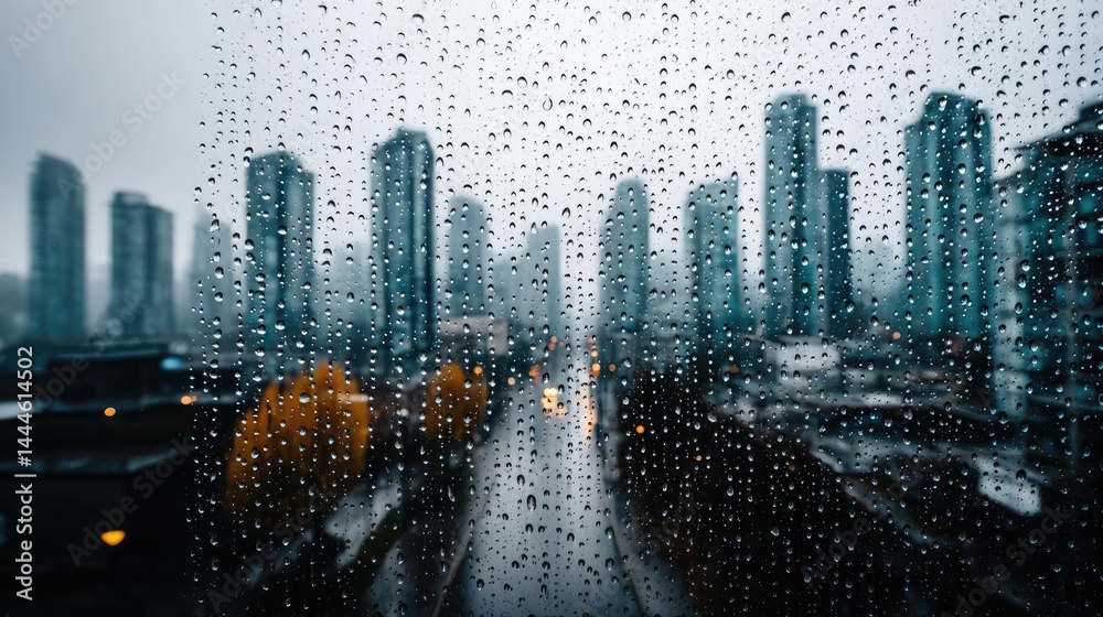 Poster raindrop on a window featuring sad city mood and water texture concept. city skyline through a rain-