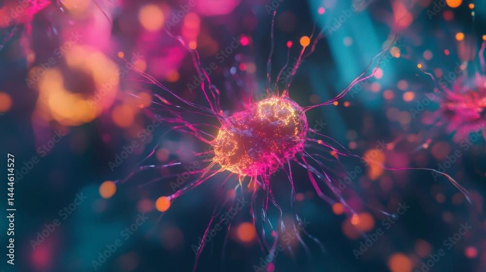 Poster microscopic view of vibrant, colorful bacteria or microorganisms with glowing appendages, floating i