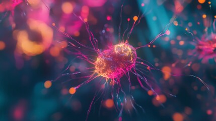 Microscopic view of vibrant, colorful bacteria or microorganisms with glowing appendages, floating in a dark, bokeh-filled background.