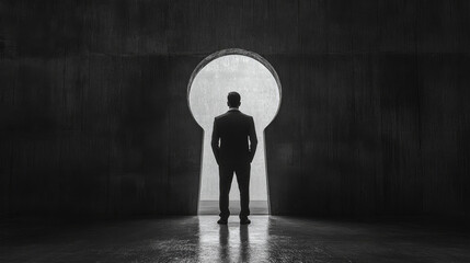 Obraz premium Silhouette of a businessman gazing through an oversized keyhole, illustrating vision, planning, and future success concepts