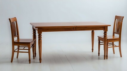 Classic wooden dining table with two matching chairs arranged symmetrically on white background in minimal studio lighting. Furniture product concept
