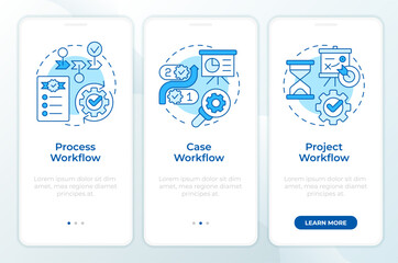 Different workflows blue onboarding mobile app screen. Planning, strategy. Walkthrough 3 steps editable graphic instructions with linear concepts. UI, UX, GUI. Montserrat SemiBold, Regular fonts used