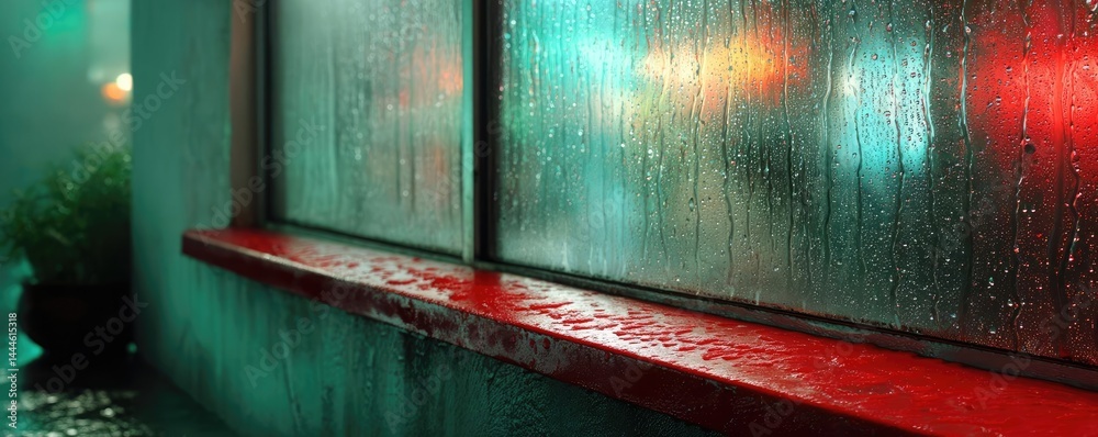 Poster raindrop on a window featuring sad city mood and water texture concept. a window covered with raindr