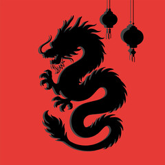 Traditional Chinese Dragon Silhouette on Red Background with Lanterns