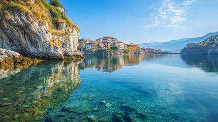 Italian coastline reflects in blue waters