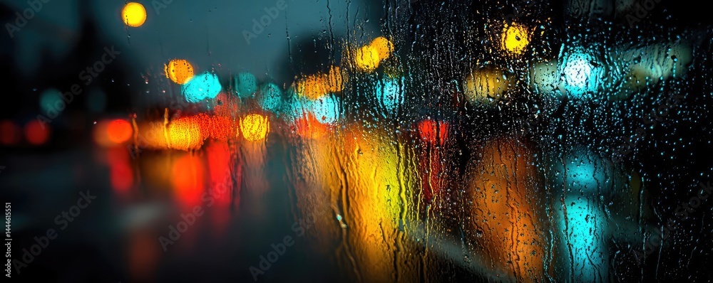 Poster raindrop on a window combining rain, mood, and urban pattern concept. blurry urban night scene with 