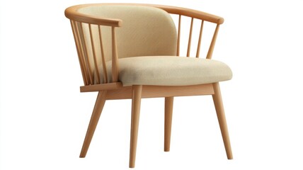 A modern wooden armchair with beige upholstered seat and backrest, featuring spindle back design and angled legs.