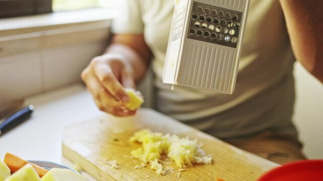 Man grating potatoes in the kitchen