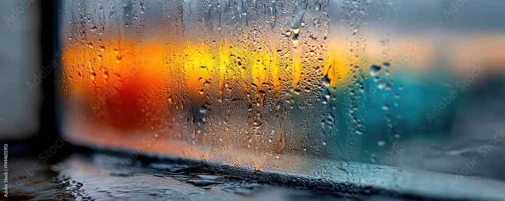 Aufkleber raindrop on a window featuring sad city mood and water texture concept. a close-up of rain droplets 