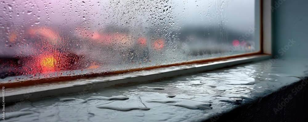 Poster raindrop on a window featuring sad city mood and water texture concept. rainy window with droplets a
