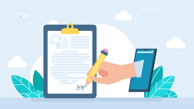 Electronic contract or digital signature concept. Digital signature for electronic business document, agreement and certificate. Approve online data information with pen on mobile. Flat illustration