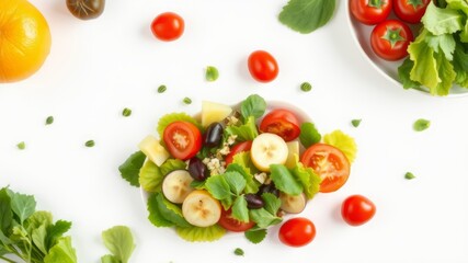 A vibrant healthy salad featu fresh tomatoes, bananas, olives, and lettuce on a white background is perfect for healthy eating.