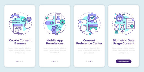Examples of consent management onboarding mobile app screen. Walkthrough 4 steps editable graphic instructions with linear concepts. UI, UX, GUI. Montserrat SemiBold, Regular fonts used