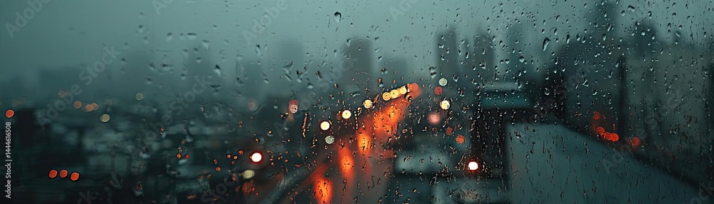 Poster raindrop on a window combining rain, mood, and urban pattern concept. a rainy urban scene with blurr