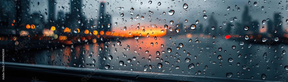 Poster Raindrop on a window combining rain, mood, and urban pattern concept. A serene view of rain droplets on glass, reflecting city lights.