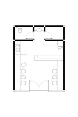 2 dimension floor plan with furniture layout design of cafe  or mini restaurant 25 meters squares, vector line black isolated on white background. Set 2