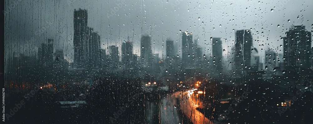 Poster raindrop on a window showing city landscape and emotional texture concept. rainy cityscape view with