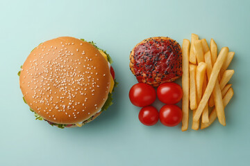 comparing fast food items with healthy alternatives showcasing calorie content and nutritional benefits.