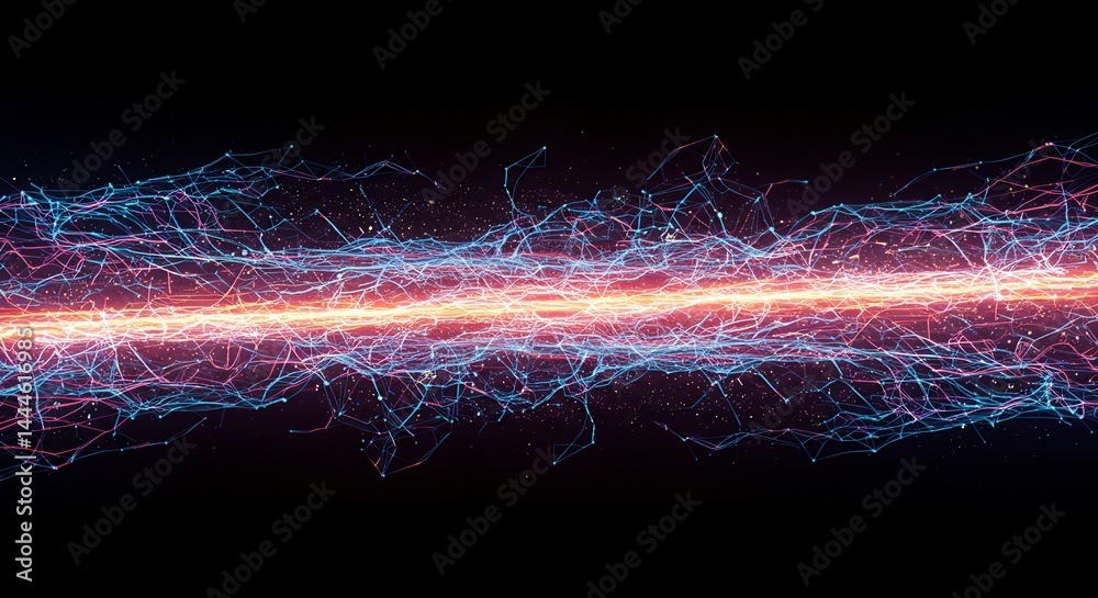 Poster abstract digital network visualization of interconnected lines with glowing light in the center agai