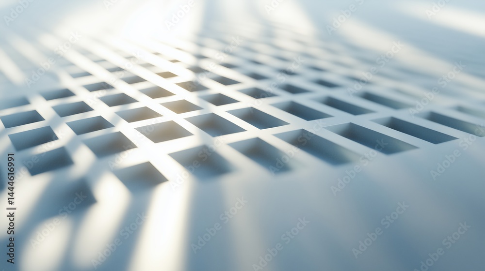 Poster futuristic minimal scene of ai processor, sun rays casting long shadows, white background with depth