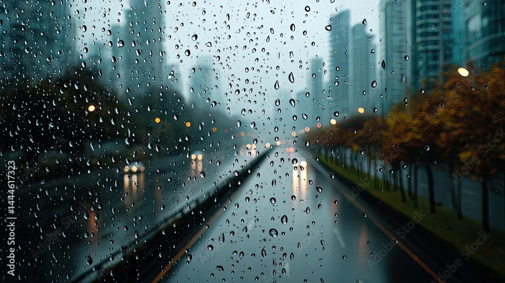 Poster raindrop on a window combining rain, mood, and urban pattern concept. rainy cityscape viewed through